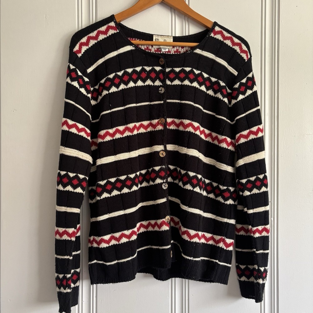 Womens Button Up Cardigan Sweater L Vintage Knit Fair Isle Geometric Black Red